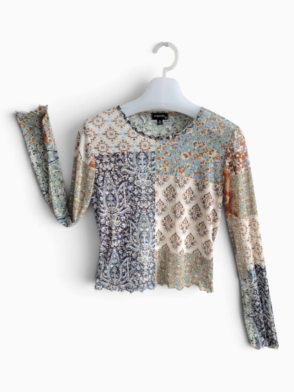 Originality Mesh Top M Patchwork Paisley Floral Boho Y2K Whimsigoth Long Sleeve